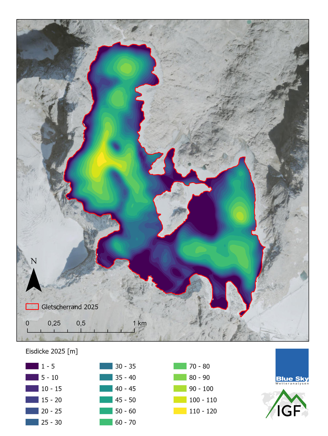 Diagramm der Eisdickenentwicklung 2025